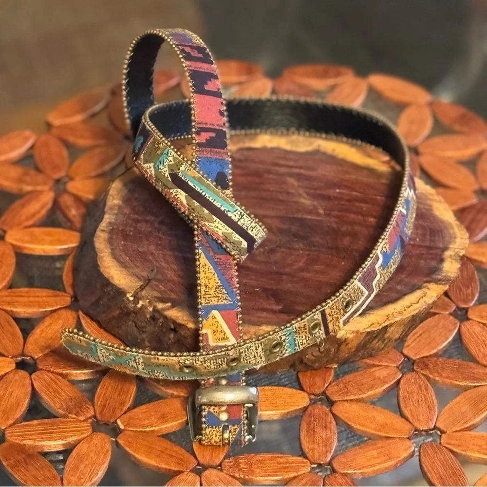Aztec Multicolor Patterned Women's Belt Silver Buckle Trim 41
